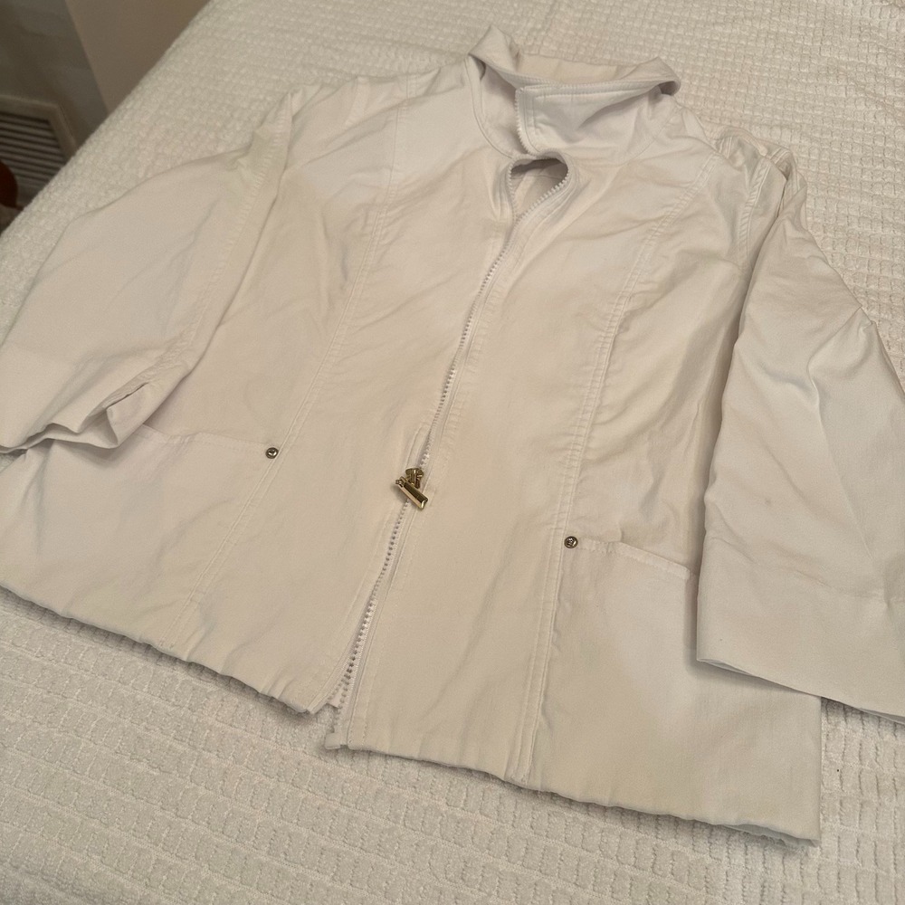 JM Collection White Full Zip Jacket Womens Size 12 Rayon Nylon Stand Collar